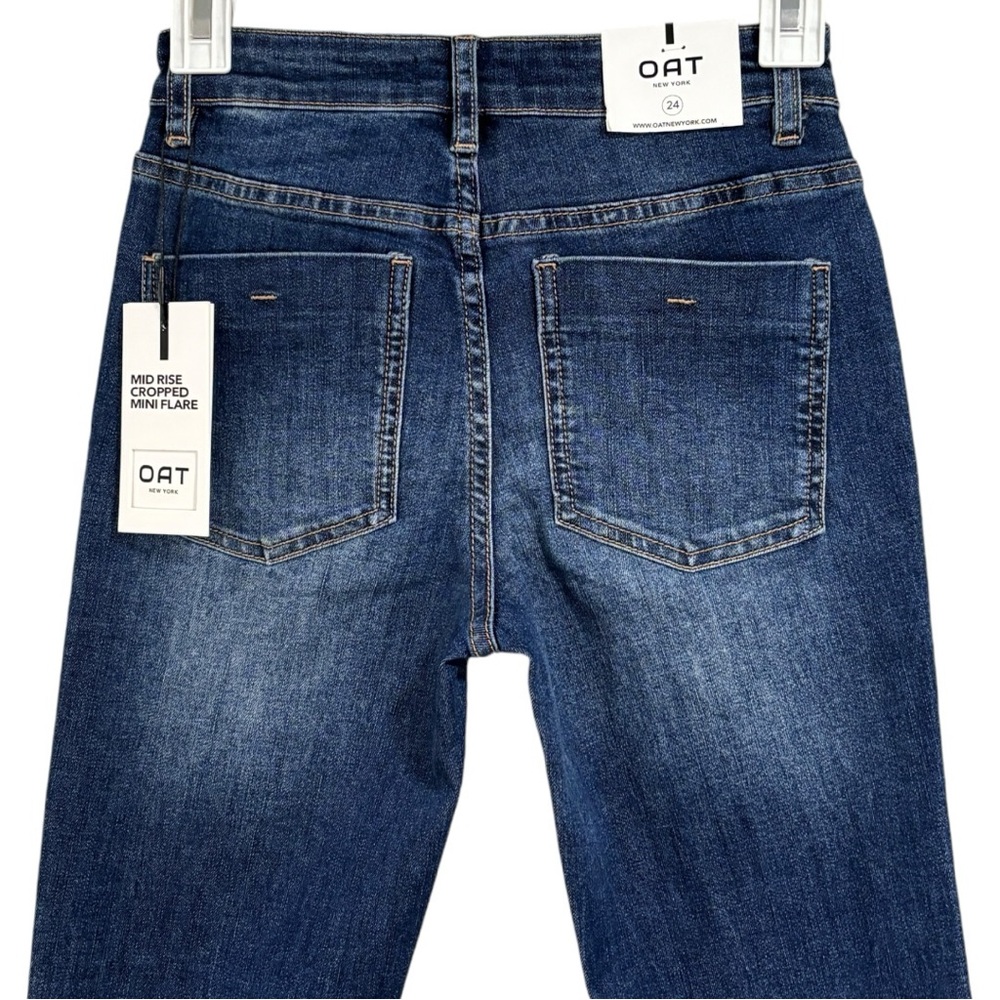 Oat Mid Rise Mini Cropped Flare Blue Jeans Raw Hem NWT Women's Size 24 or 00 - Picture 10 of 12